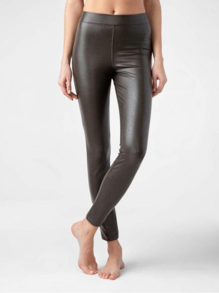 Моделирующие термолеггинсы с высокой посадкой из искусственной кожи BELLA CONTE, р.170-98, deep khaki